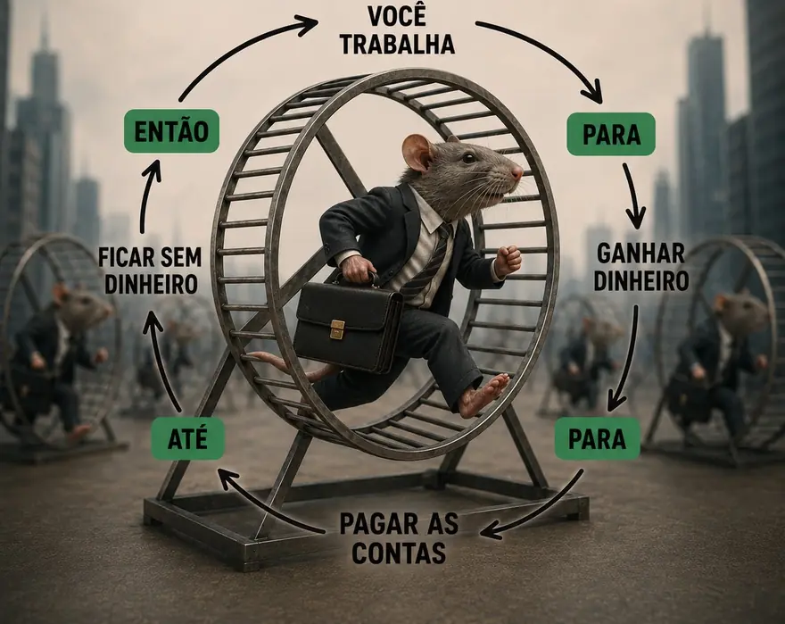 Ilustração da corrida dos ratos: um rato de terno e maleta corre numa roda de hamster — você trabalha para ganhar dinheiro, para pagar as contas, até ficar sem dinheiro, e então recomeça