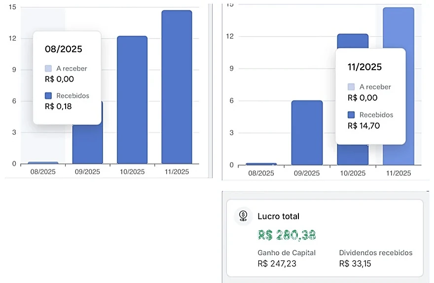 Print do app do Marcos: dividendos mensais chegando a R$ 14,70 e lucro total de R$ 280,38