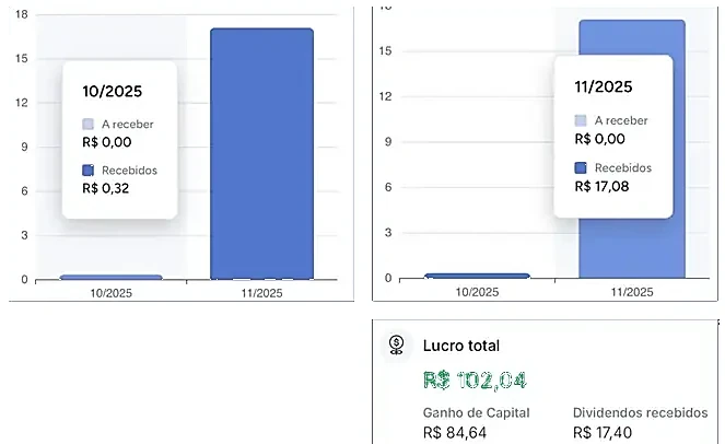 Print do app do Washington: dividendos saltando de R$ 0,32 para R$ 17,08 e lucro total de R$ 102,04